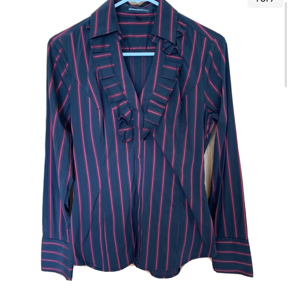 Express Design Studio Ruffle Pinstriped Shirt Top